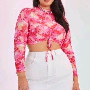 🎊4/$20 // SHEIN: Plus Allover Print Drawstring Lettuce Trim Crop Mesh Tee